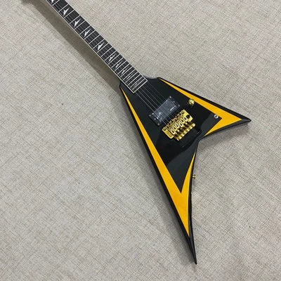 Guitarra Eléctrica Swallow Tail V Regalo Navidad Negra con Biseles Amarillos en Stock Foto 1 de 4
