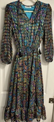 Impresionante Vestido Talla Mediana Artístico Maximalista Midi Mangas Plisadas Años 80 Formal Satén Foto 1 de 4