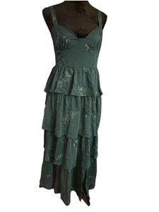 Y2K Maxikleid grün Stufen bestickt Gr. M Hochzeit Brautjungfer Boho Bauer - Bild 1 von 8