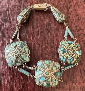 Vintage Antique Bead Turquoise Inlay Silver Beaded bracelet (RD4) - Picture 1 of 20