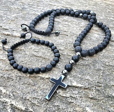 Set collana bracciale onice collana di perle pietra lavica da uomo catena... - Immagine 1 di 4