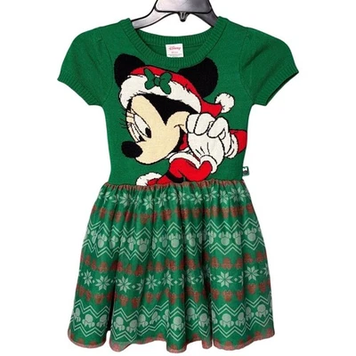 Disney Mickey Mouse Tutu Dress Christmas Green Red Knitted Size 6-6X Disneyland - Image 1 of 4