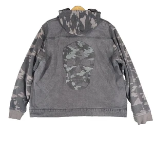 Hybrid Grey Denim Motorcycle Jacket Camo Hoodie Men's Size XL Skull Embroidery - Picture 1 of 12