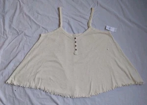 American Eagle Henley Tank Ribbed Beige Lettuce Hem Boho Lagenlook Womens XL  - Picture 1 of 9