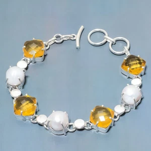 White Pearl Citrine Quartz Gemstone Silver Plated Jewelry Bracelet 7-8" - Picture 1 of 1
