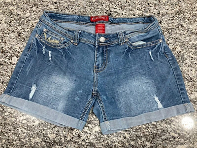 Pantalones Cortos de Vaqueros Remaches Rojos Talla 11 Pantalones Cortos Envejecidos Gemas y Bordados 32x4 Foto 1 de 4