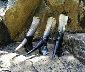 Set of 3 Natural Viking Drinking Horn with Stand Game of Thrones Mug Gift - Picture 1 of 6