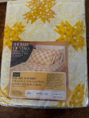 Sears SHOWER OF STARS Yellow Gold Floral Star Perma Prest Muslin FULL Flat Sheet - Image 1 of 3