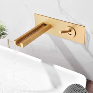 Grifo de lavabo de montaje en pared de oro cepillado lavabo cascada bañera 1 mango grifo mezclador - Imagen 1 de 9