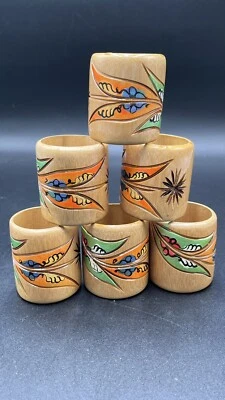 Винтажный бамбуковые салфетки кольца комплект из 6 Тики стиль с ручной росписью остров сцены - Изображение 1 из 4