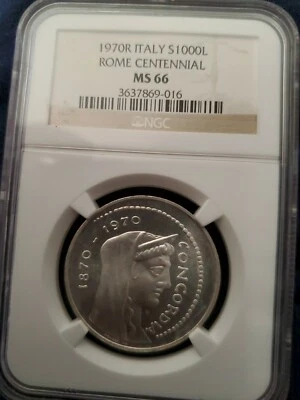 1970 MS66 Italy Silver 1000 Lire NGC Rome Centennial Concordia UNC KM 101 - Image 1 of 4