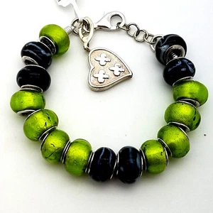 New Sterling Silver 925 Murano Glass Green Black Heart Charm Beads Bracelet 7' - Picture 1 of 11