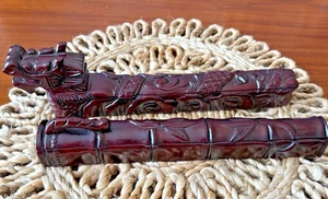 VTG YL Lin Art Chopstick Sets – 2 Carved Holders Dragon & 8 Bamboo w/ Chopsticks - Picture 1 of 9