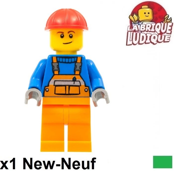 Lego Figurine Minifig City constructeur ouvrier salopette orange bleu con011 NEW - Photo 1/1