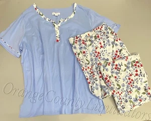 Women's Charter Club Plus Size 1X Cotton Capri Pajama Set Sleepwear blue floral - Picture 1 of 15