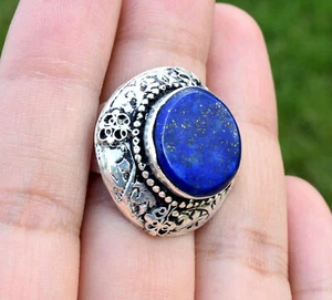 Lapis Lazuli Stone Afghan Kuchi Ring Carved Round Ethnic Jewelry Bohemian Tribal - Picture 1 of 5