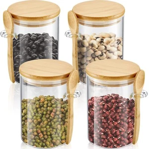 Set of 4 Sugar Container Airtight Glass Jars with Bamboo Lids and Spoons 17oz - Picture 1 of 7
