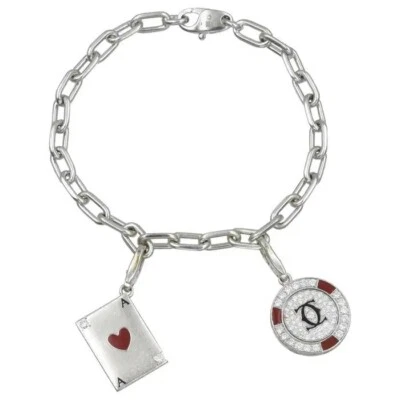 925 Sterling Silver Oval Link Bracelet with Playing Cards Two Dangling Charms - Image 1 of 4