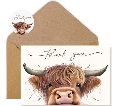 Whaline 36Pcs Highland Cow Thank You Cards with Envelopes and Stickers Barnya...