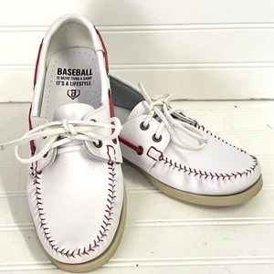 Baseball Red Stitch White Leather MLB Shoes Womens Sz 7 Deck Shoes Loafers BL101 - Picture 1 of 7