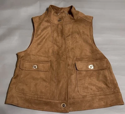 Chicos 2 Black Label Fall Caramel Suede Lined Vest Snap Grommet Bar 12 14 Large - Image 1 of 4