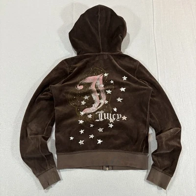 Y2K Juicy Couture Size M Brown Velour Zip Hoodie Track Jacket Brown Vintage - Image 1 of 4