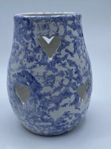 Shelton Pottery Cut Out Hearts Blue Sponge Design Candle Holder Seagrove NC 1992 - Picture 1 of 10
