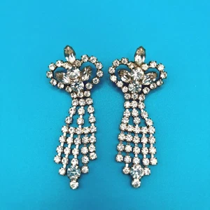 Vintage Rhinestone Dangle Earrings Silver Tone Clear Crystal Pierced Glam Party - Picture 1 of 8