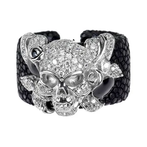 925 Sterling Silver AdJustable Ring Round Simulated Cz Stingray Leather Size 7.5 - Picture 1 of 13