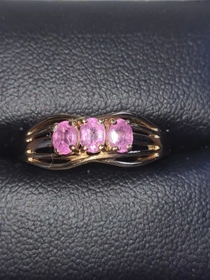 Pink Sapphire Trilogy Ring In Gold Overlay, Sterling Silver 925 Size M 1/2 - Image 1 of 4