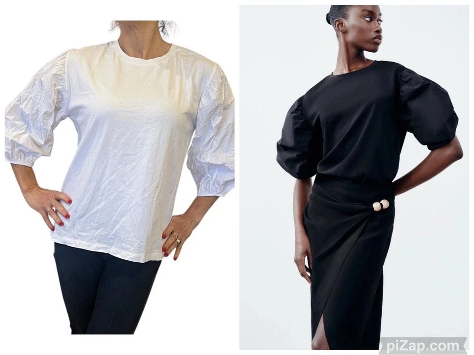 Camiseta Top Zara Voluminous Globo Manga 3/4 Blanca Algodón 0085/635 Grande Foto 1 de 4