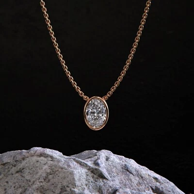 2ct Lab Grown Diamond Bezel Solitaire Pendant Necklace 14k Rose Gold Color F VS1 - Image 1 of 4