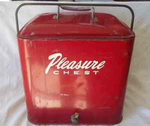 Vintage 1950s Pleasure Chest Cooler Metal Red w bottle opener - Picture 1 of 12