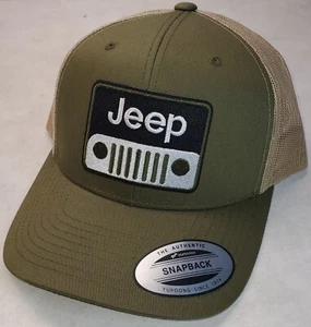 JEEP Patch on Yupoong 6606 Classics Trucker Hat Snapback Moss Green/Khaki - Picture 1 of 9