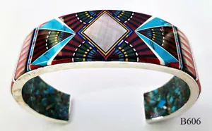 KOMPLIZIERTE BUNTE TÜRKIS STACHELIGE INLAY 925 SILBER MANSCHETTE ARMBAND HANDGELENK 7-1/4" - Bild 1 von 6