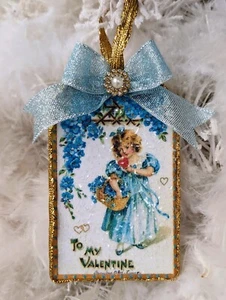 Victorian Valentine Decoupage Glass Glitter French Blue Bow Flowers Ornament - Picture 1 of 3