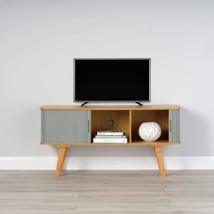 Bamboo TV Stand with Light Grey Sliding Doors 580mm H x 1200mm W x 400mm D - Picture 1 of 2