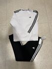NWT Mens Adidas Crewneck Sweatshirt + Jogger Pants 2 piece Set 3 stripes White