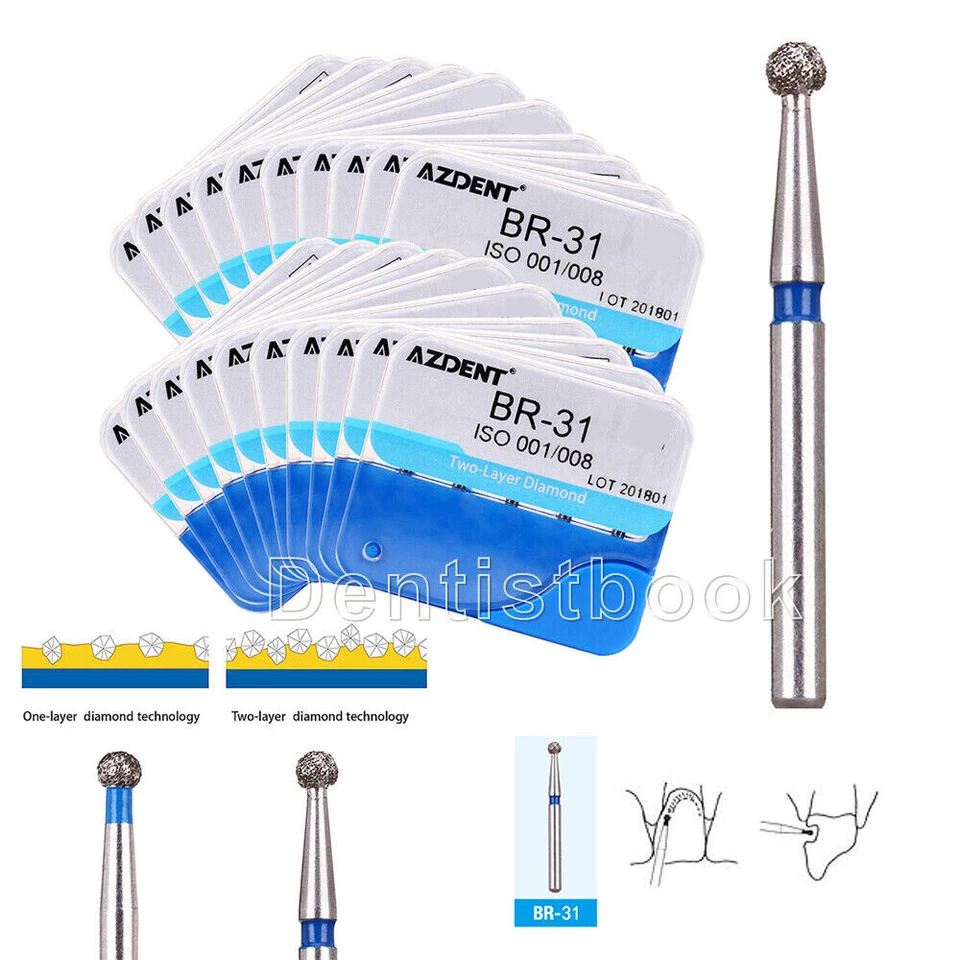 DFS Style Dental 2 Layer Diamond Burs FG AZDENT for High Speed Handpiece Br-31 5 Boxes