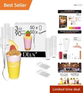 50 Mini Plastic Dessert Cups 3oz with Spoons for Party Tasting Reusable Clear - Picture 1 of 11
