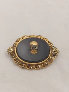 Antique Edwardian Memento Mori Brooch Gilt Silver Onyx Marcasite - Picture 1 of 6