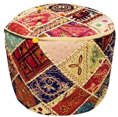 24" VINTAGE FOLK OTTOMAN POUFFE FOOTSTOOL FURNITURE CHAIR PILLOW BENCH COVER - Image 1 of 4