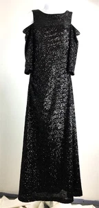 Vince Camuto Womens Black Sequin Long Gown Evening Dress Cold Shoulder Sz 10 - Picture 1 of 8