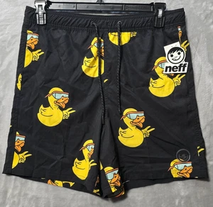 NWT Neff Swim Board Shorts Men L Black Yellow Rubber Duck Back Pocket Drawstring - Picture 1 of 11