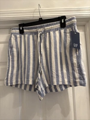 Шорты без застежек женские Gap средние эластичные на талии льняная смесь синие белые в полоску - Изображение 1 из 4