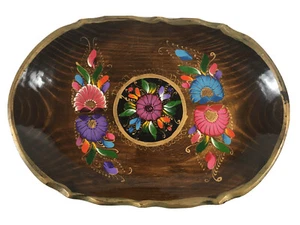 Vintage Batea Wood Mexican Folk Art Oval Floral Tray Platter Gold Trim 13”x9” - Picture 1 of 9