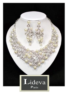 Set Halskette XL Ohrringe kette Schmuckset Hochzeit Perlen Kristall Paris - Bild 1 von 4