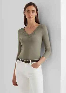 Lauren Ralph Lauren Lace-Trim Stretch Cotton Top in Green Size XS - Picture 1 of 3