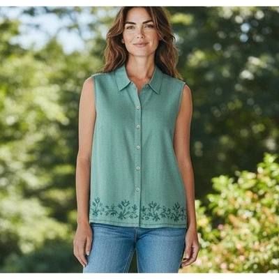 White Stag Women Top SZ 18/20W Linen Blend Pastel Green Embroidered Sleeveless  - Изображение 1 из 4