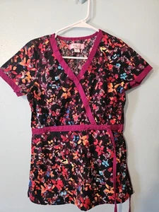 Koi Brand Bright Multicolor Flowers / Splotches Scrub Top - sz XXS - Picture 1 of 4